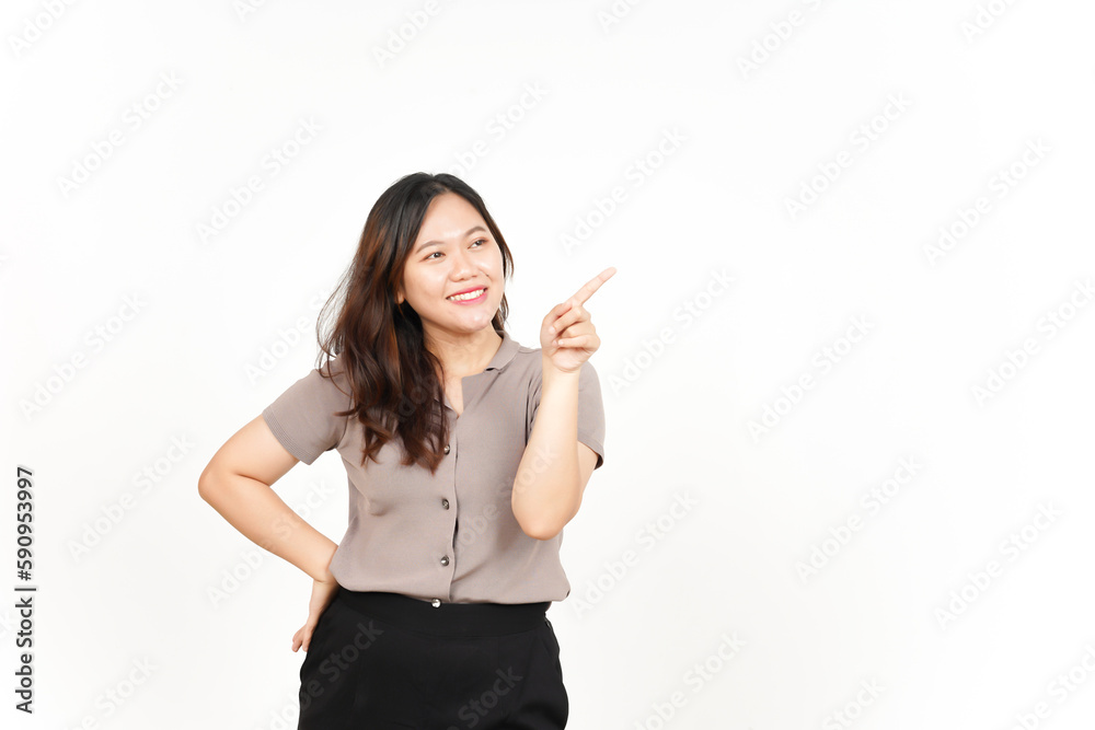 Showing Product and Pointing Side using forefinger Of Beautiful Asian Woman Isolated On White Showing Product and Pointing Side using forefinger Of Beautiful Asian Woman Isolated On White