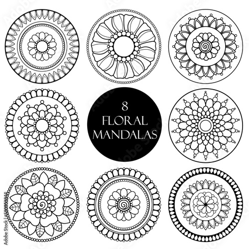 Set of small floral mandalas. Use for holidays, event ,print, decoration element, fabric, cover, logo, icon
