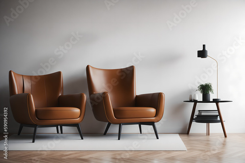 modern mid century and minimalist interior of living room  leather armchair with table on white wall and wood floor  3d render  generative ai