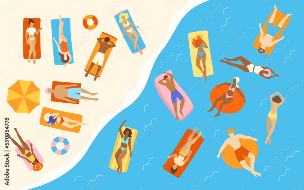 People at beach or seashore relaxing cartoon set. Women and men in swimsuit rest in various positions, swimming or sunbathing. Leisure outdoor activities at sea on sand, summer time flat illustration