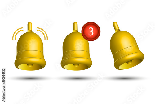 Three three-dimensional bells. Notification bell icon set. Bell notice. Vector illustration.