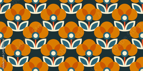 Seamless retro floral pattern. Vintage stylized flowers background in 60s, 70s, 80s style. Nostalgic regular repeating wallpaper. Fabric and textile swatch design. Vector texture and illustration