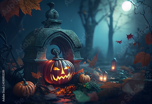 Pumpkin Lantern in Spooky Forest Graveyard. Halloween background. Generative AI