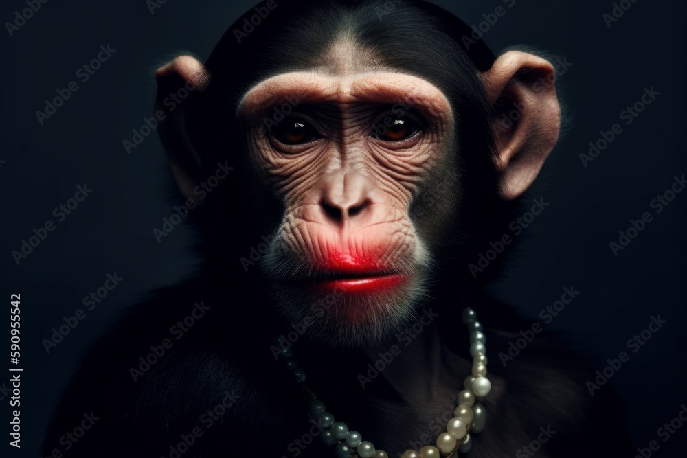 Anthropomorphic funny monkey with lipstick painted lips. AI generated, human enhanced