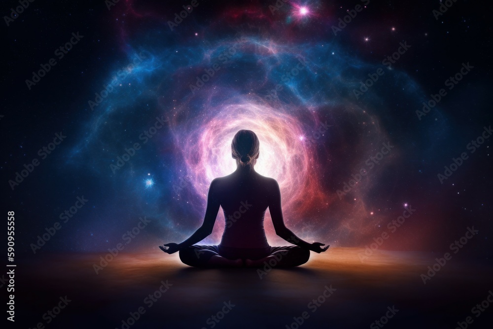 Silhouette of women in Lotus position on the abstract positive energy background . AI generated, human enhanced.