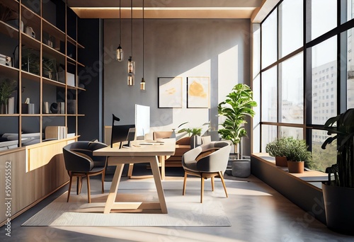 Contemporary light concrete and wooden coworking office interior with furniture, equipment, window with city view and sunlight. Workplace and loft space concept. 3D Rendering. Generative AI