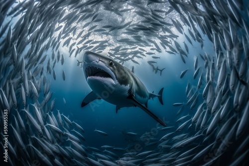 A predatory shark among a school of fish. AI generated, human enhanced. photo