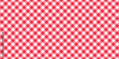 Seamless diagonal gingham pattern. Red and white slanted vichy cage background. Checked tweed plaid repeating wallpaper. Fabric texture design. Vector 