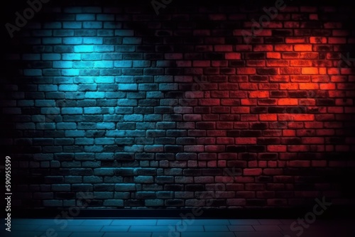 Brick wall background with neon light. AI generated  human enhanced.