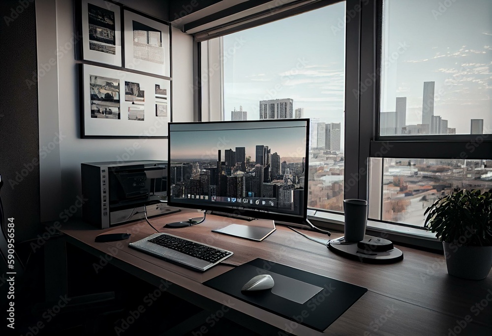 Fototapeta premium Office interior with pc computer on desk, panoramic window on city view. Generative AI