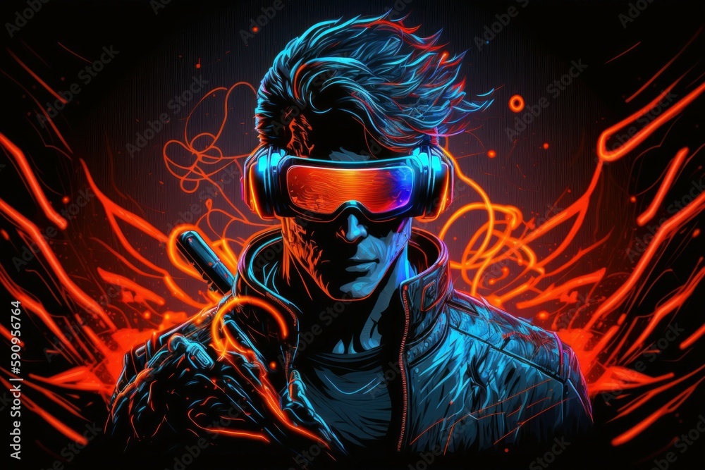 Young man wearing virtual reality glasses. AI generated, human enhanced.
