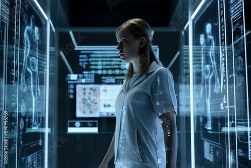 Woman doctor on the background of a hologram with infographics in a futuristic hospital. AI generated, human enhanced
