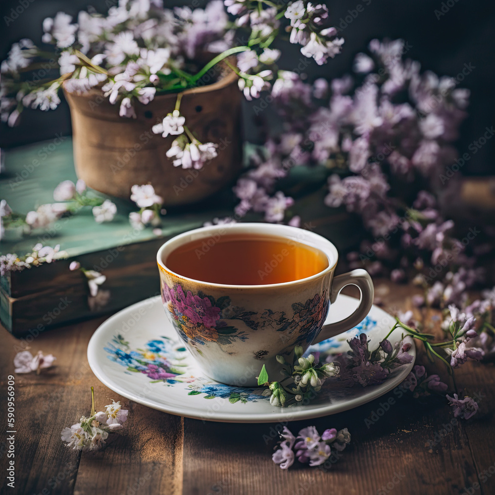 Beautiful Cup of Tea on a Wooden Table with Spring Flowers. Generative AI Beautiful Cup of Tea on a Wooden Table with Spring Flowers. Generative AI