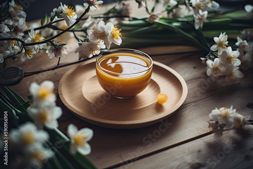 Beautiful Cup of Tea on a Wooden Table with Spring Flowers. Generative AI