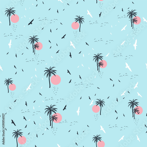 Vacation travel theme vector pattern with palm trees, sun and birds