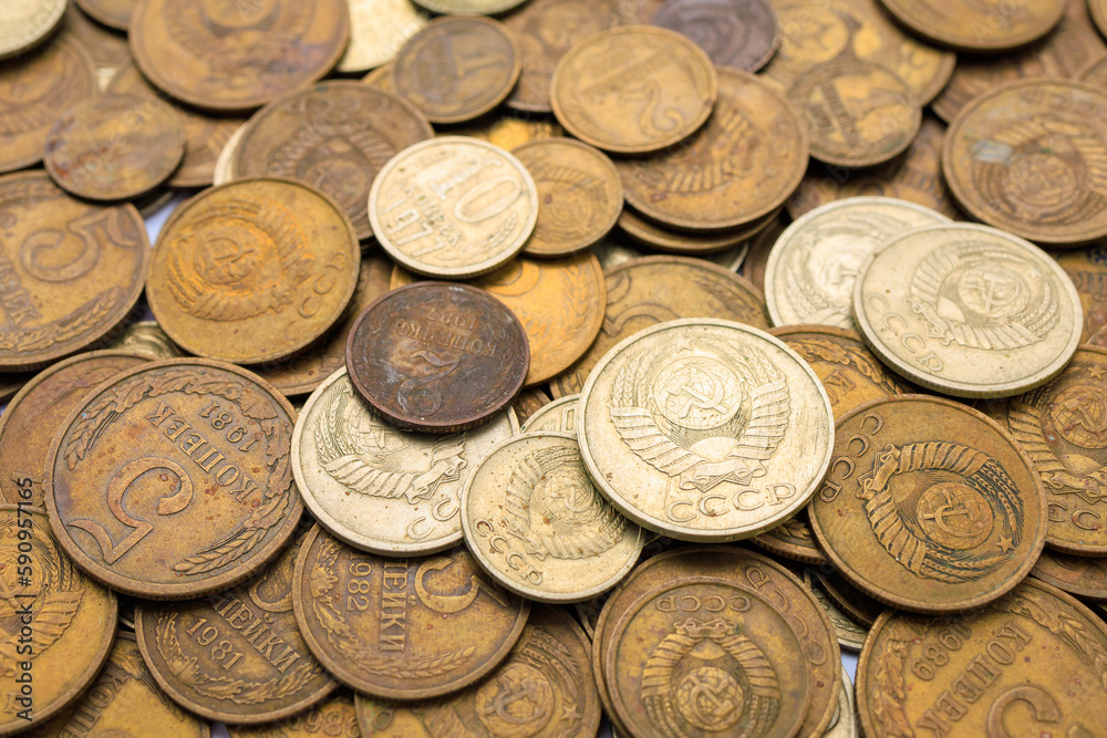 Soviet coins close up. USSR coins, top view. Old coins for numismatics. Historical heritage. Background Soviet coins close up. USSR coins, top view. Old coins for numismatics. Historical heritage. Background