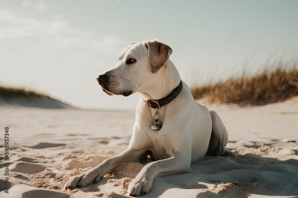 Puppy sitting on a white sand beach. Generative AI