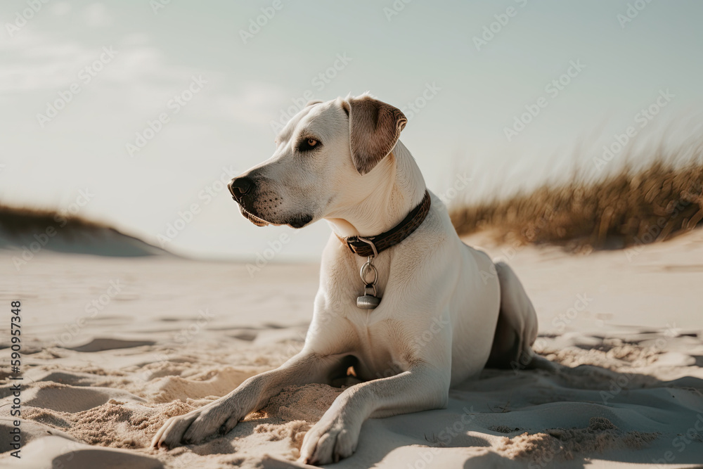 Puppy sitting on a white sand beach. Generative AI Puppy sitting on a white sand beach. Generative AI