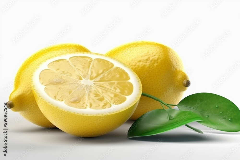 Three lemons with a green leaf next to them Three lemons with a green leaf next to them