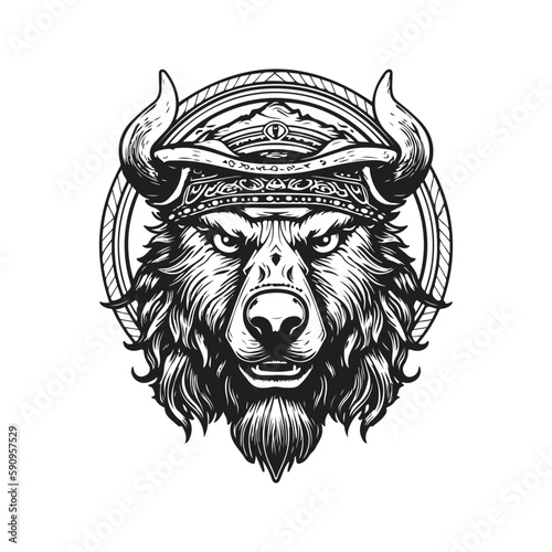 bear wearing viking helmet, vintage logo concept black and white color, hand drawn illustration