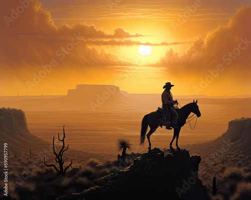 Rider in Sunset Landscape: Lone Rider Deer © Maxim