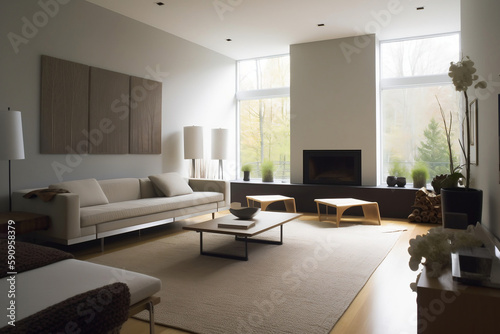 living room interior, simple, white, creamy. Created using generative AI.