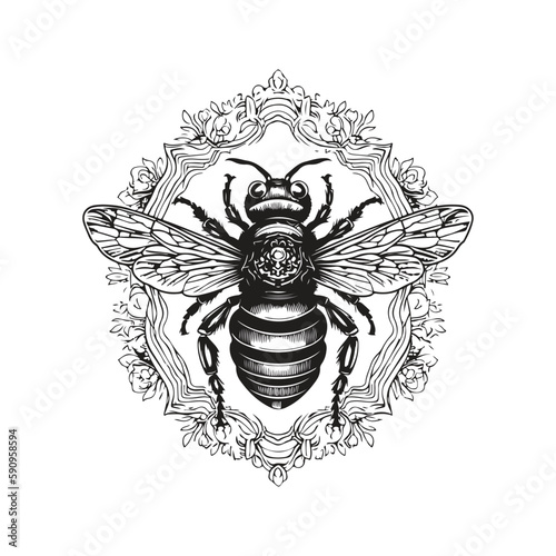 bee, vintage logo concept black and white color, hand drawn illustration