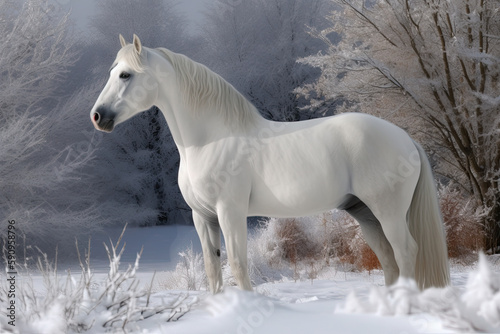 A Stunning White Stallion in a Snowy Scenery - Captivating Illustration Perfect for Winter-Themed Projects