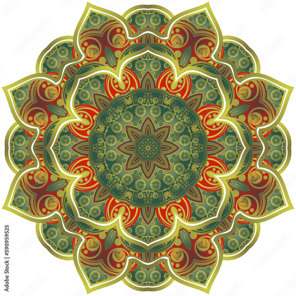 Abstract mandala with beautiful green and red textured gold stripes