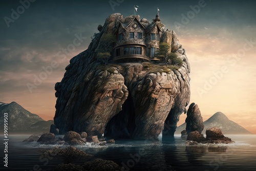 solitary house perched on a rocky island in the middle of the vast ocean. Generative AI © 2rogan