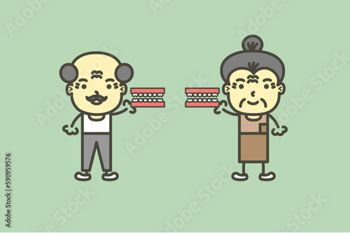 senior man and woman are holding denture or false teeth - dental cartoon vector flat style