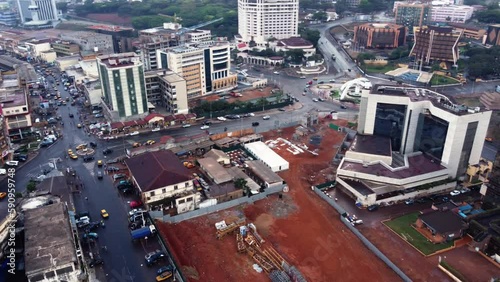 Aerial view overlooking traffic at the Prime Ministerial Roundabout in cloudy Yaounde, Cameroon