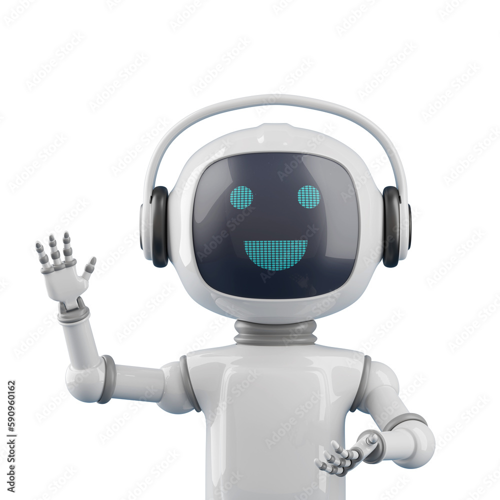 Friendly cartoon style chat robot waving hello. 3d illustration. Friendly cartoon style chat robot waving hello. 3d illustration.