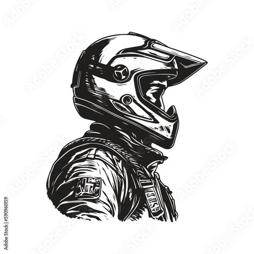 man with full face motocross helmet, vintage logo concept black and white color, hand drawn illustration