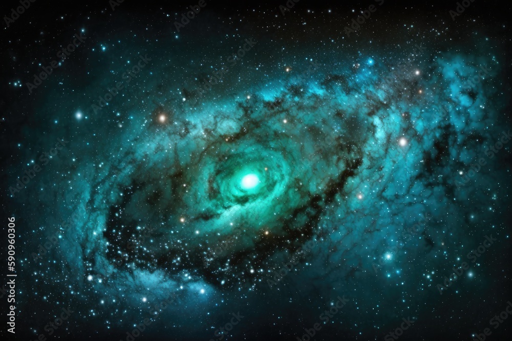 spiral galaxy with a green nucleus and stars in the background. Generative AI
