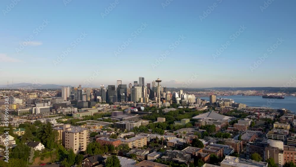 Aerial View of the skyline of Seattle with space needle and mount rainier Aerial View of the skyline of Seattle with space needle and mount rainier