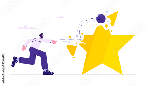 Male consumer throws negative emotions and destroys large star. Negative feedback, bad mood after consuming service or buying product. Low rating, negative review