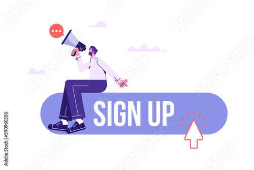 Attention message or motivation for user to signing up or login to online account concept, businessman with megaphone motivate user to sign up now, call to action in online advertising
