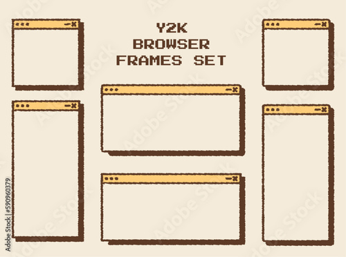 Cartoon Y2K, Retro Web Browser Window Frames. Pencil, pen or marker kid hand drawn scribble doodle old school nostalgic search internet vintage pc page. 