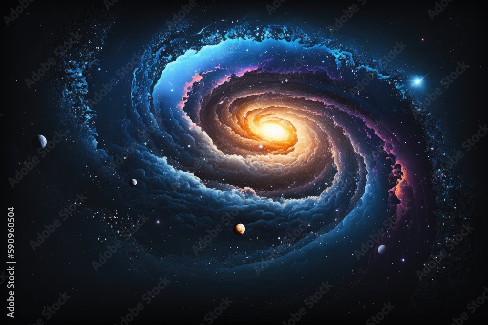 spiral galaxy with planets and stars in the background. Generative AI spiral galaxy with planets and stars in the background. Generative AI