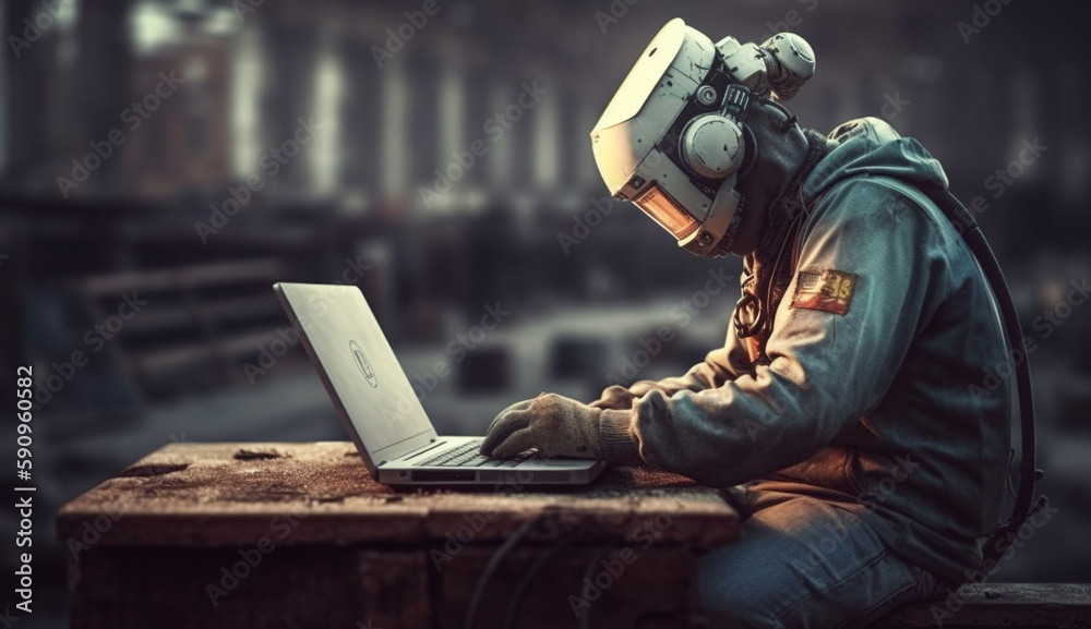 Heavy Industry workers wearing masks and helmets using laptops. Based on Generative Ai.