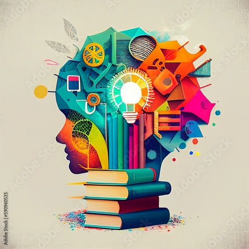 Brain with Cogs, Lightbulb and Book. Knowledge Concept, Education, Learning Illustration. AI Generative Image