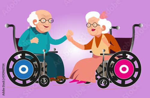 Two cheerful old people a man and a woman are sitting in chairs for movement