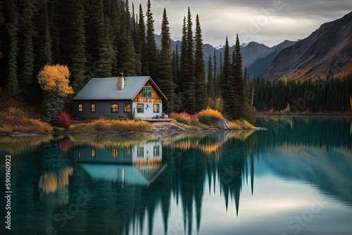 cozy cabin nestled by a serene mountain lake. Generative AI