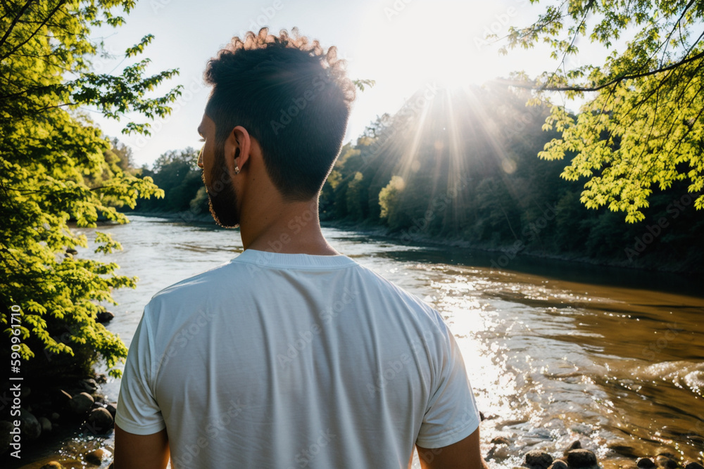 man from the back looking at a beautiful river landscape on a sunny day. Generative AI man from the back looking at a beautiful river landscape on a sunny day. Generative AI