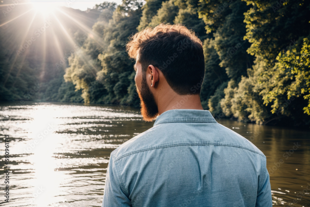man from the back looking at a beautiful river landscape on a sunny day. Generative AI man from the back looking at a beautiful river landscape on a sunny day. Generative AI