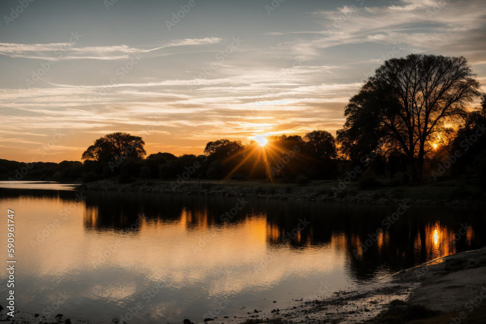 Fototapeta premium sunset landscape on the riverside. Generative AI