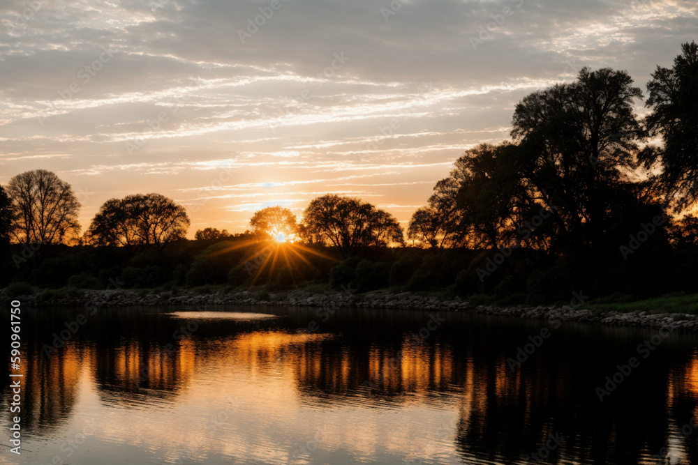 sunset landscape on the riverside. Generative AI
