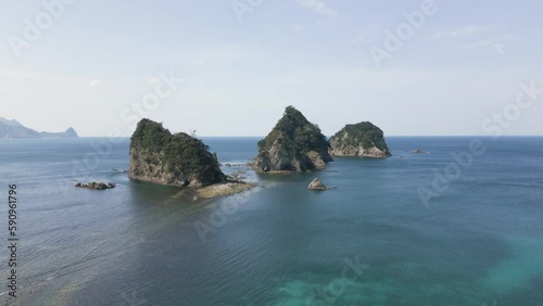 Aerial drone footage of Tonboro rocks at Sehama beach, Izu Peninsula photo