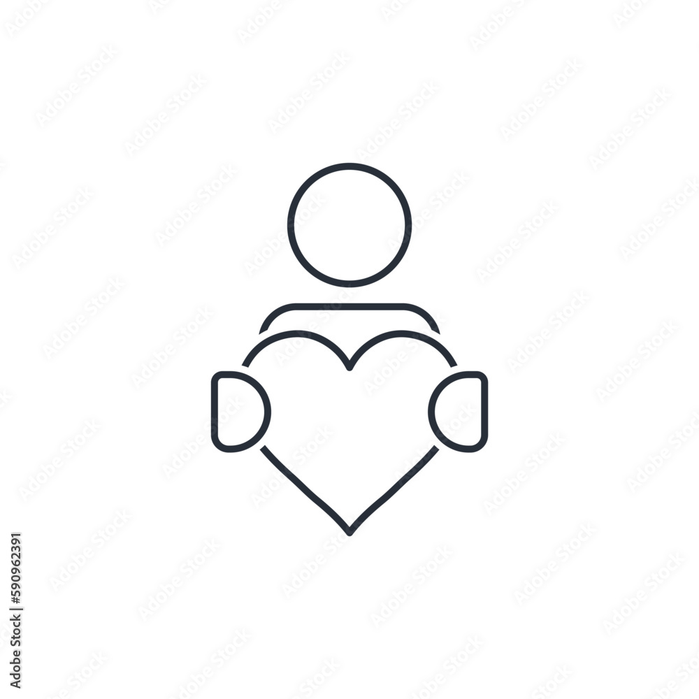 Man holding a gift heart. Vector linear icon isolated on white background.